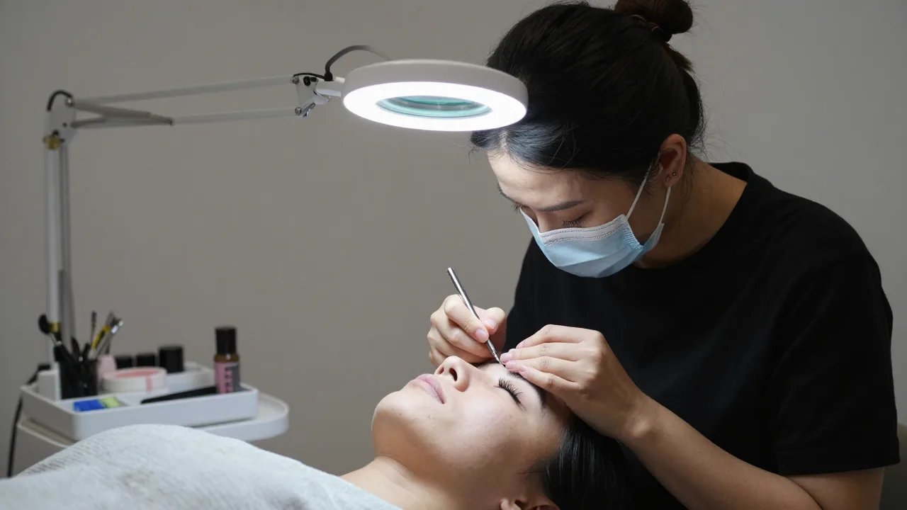 Lash technician working on a reclined client in a calm minimalist studio with a magnifying lamp and tidy tool tray