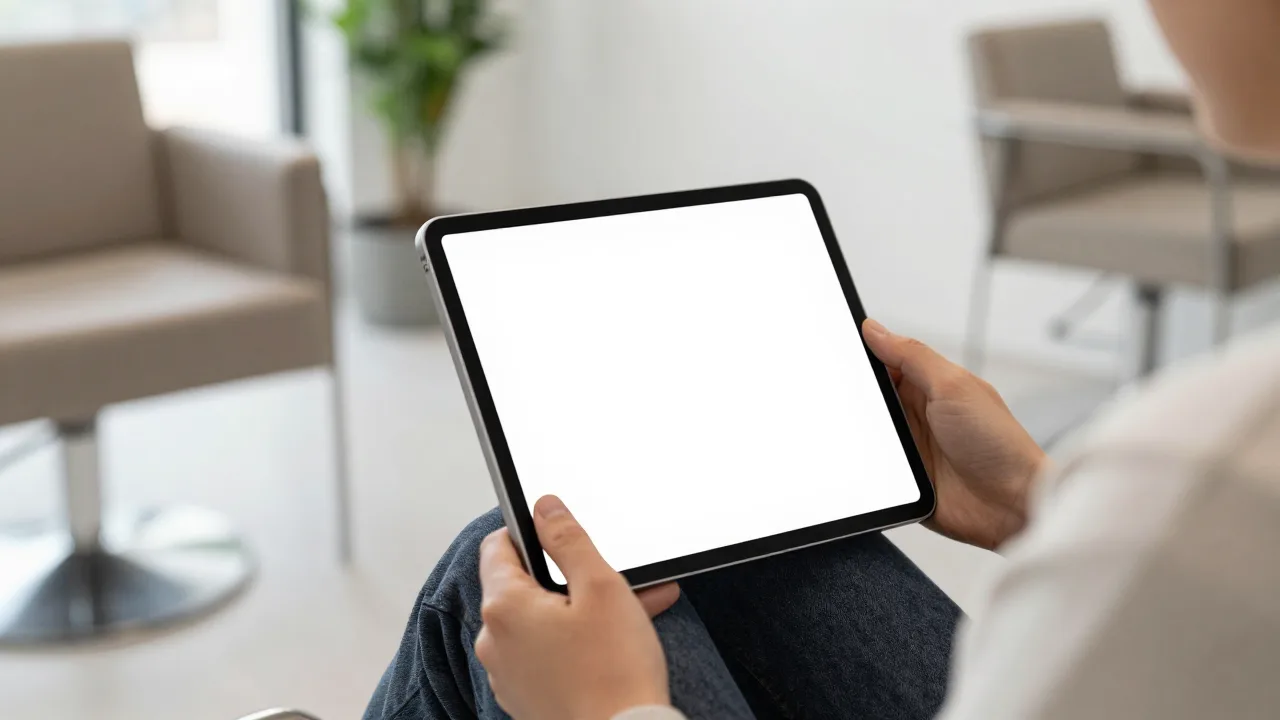 Client filling out a form on a tablet in a calm salon waiting area with a plant and comfortable chairs