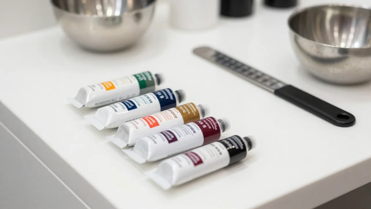 Close-up of a salon color bar with rows of tint tubes, a gram scale and mixing bowls on a clean white counter
