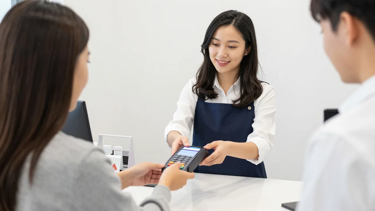 Salon receptionist and a client completing a purchase at a bright front desk with a card terminal and small product display
