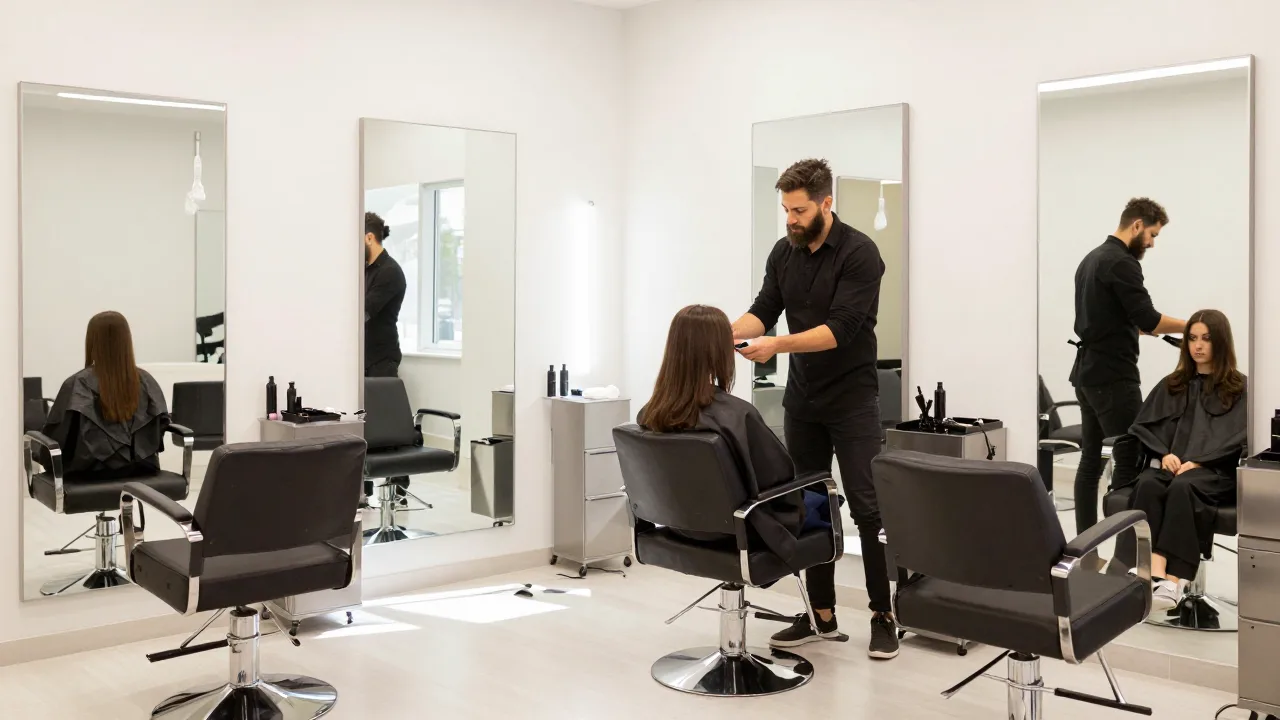 Bright modern hair salon with several styling stations, one stylist working with a client and other chairs empty